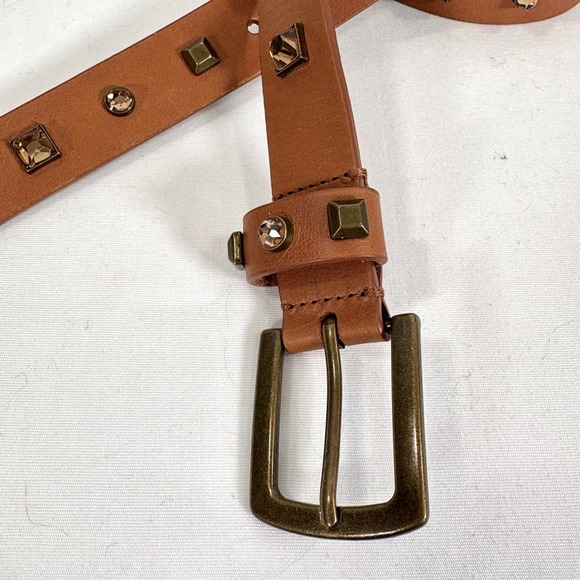 J. Crew Studded Jeweled Brown Leather Belt Brass Buckle Women Size L Glam Boho - Picture 2 of 7